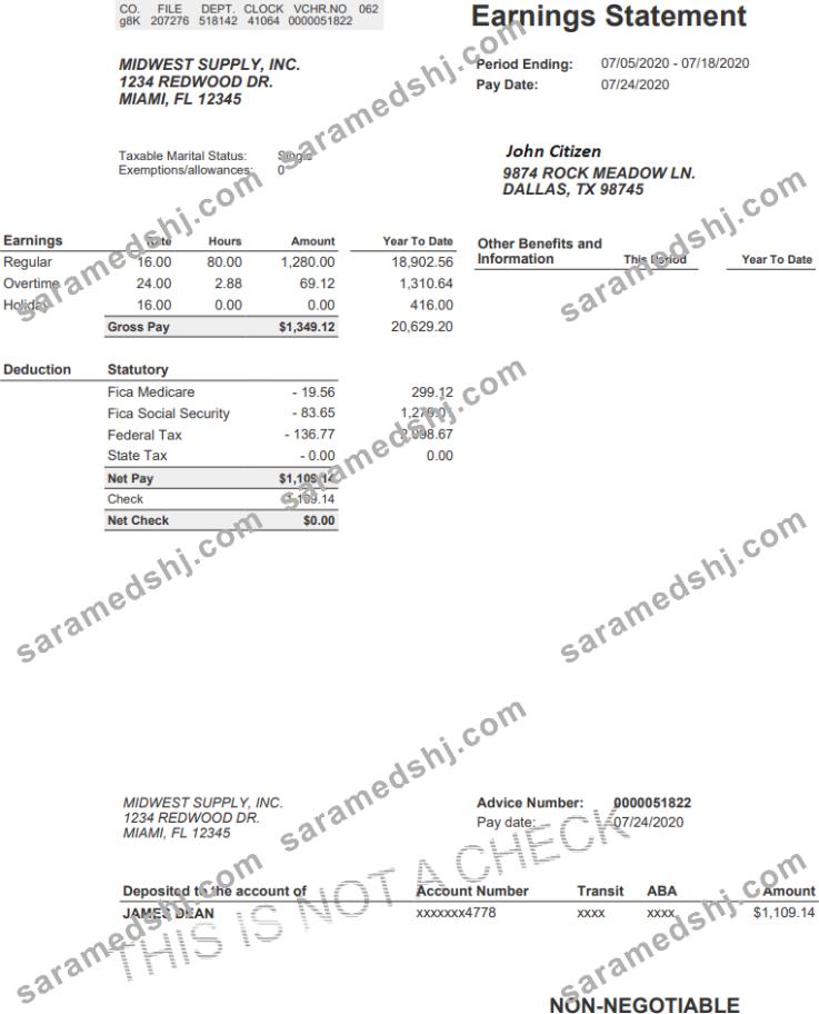 USA MIDWEST supply inc earning statement in word and pdf formats